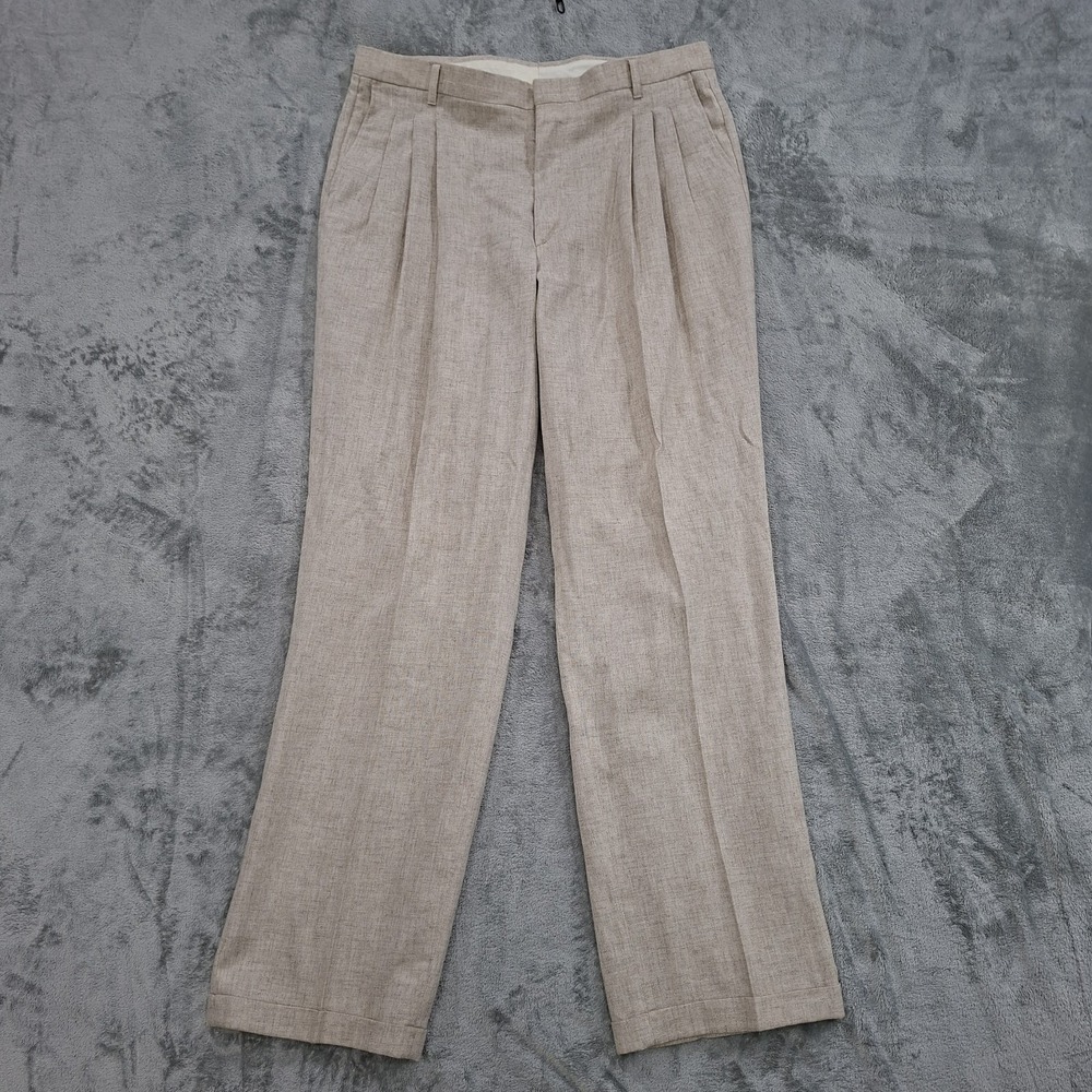 VTG Men's Beige Linen Blend Pants 36x32 Delave Pleated Cuffed Dress Straight Leg